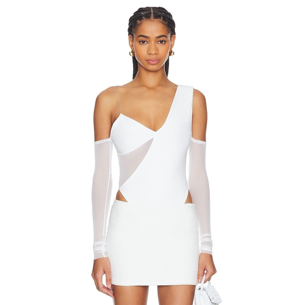 New Lama Jouni Off Shoulder Mesh Bodysuit in White